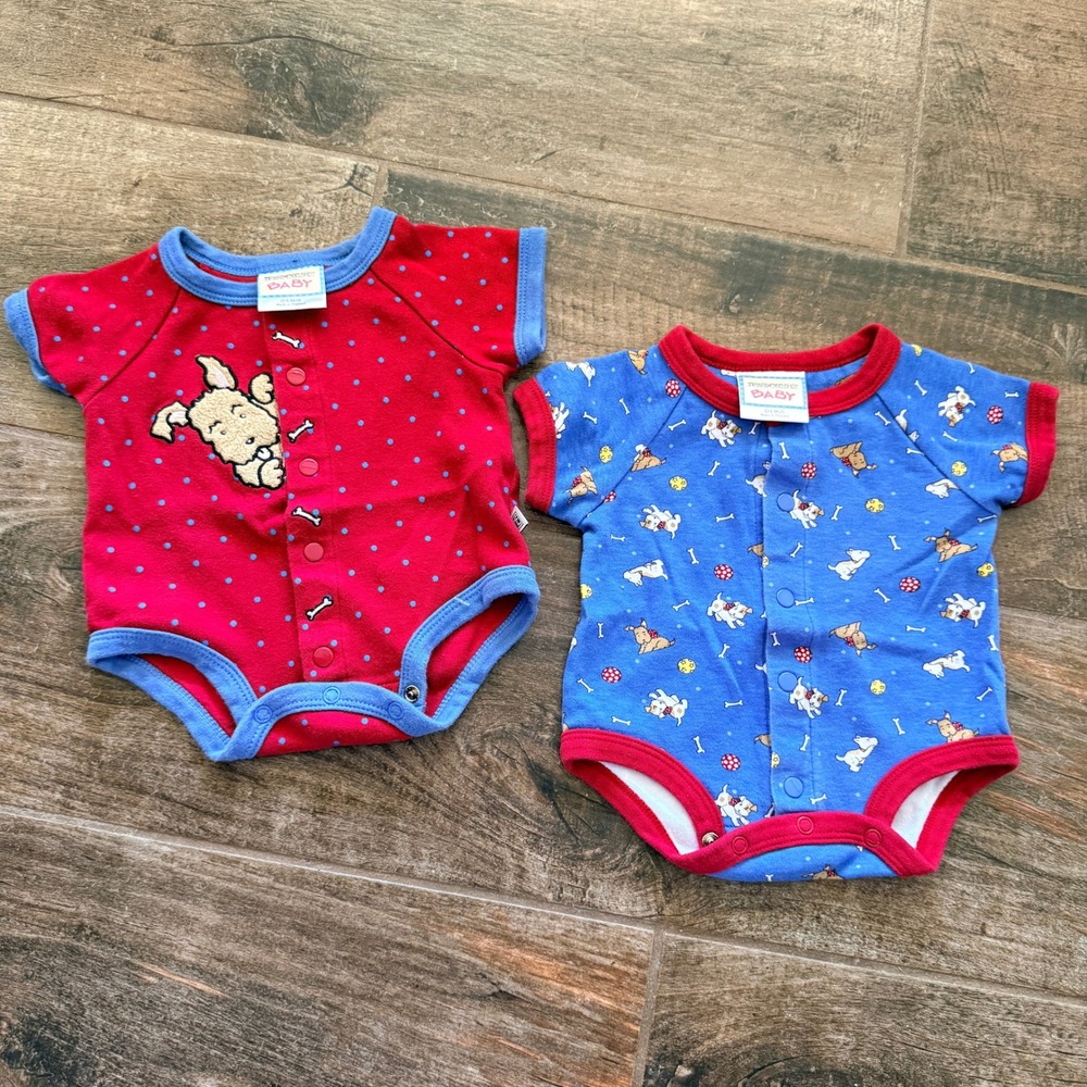 Mary Engelbreit Baby VTG Dog Puppy Polka Dot Snap Front Bodysuits,Blue Red, 0-3M